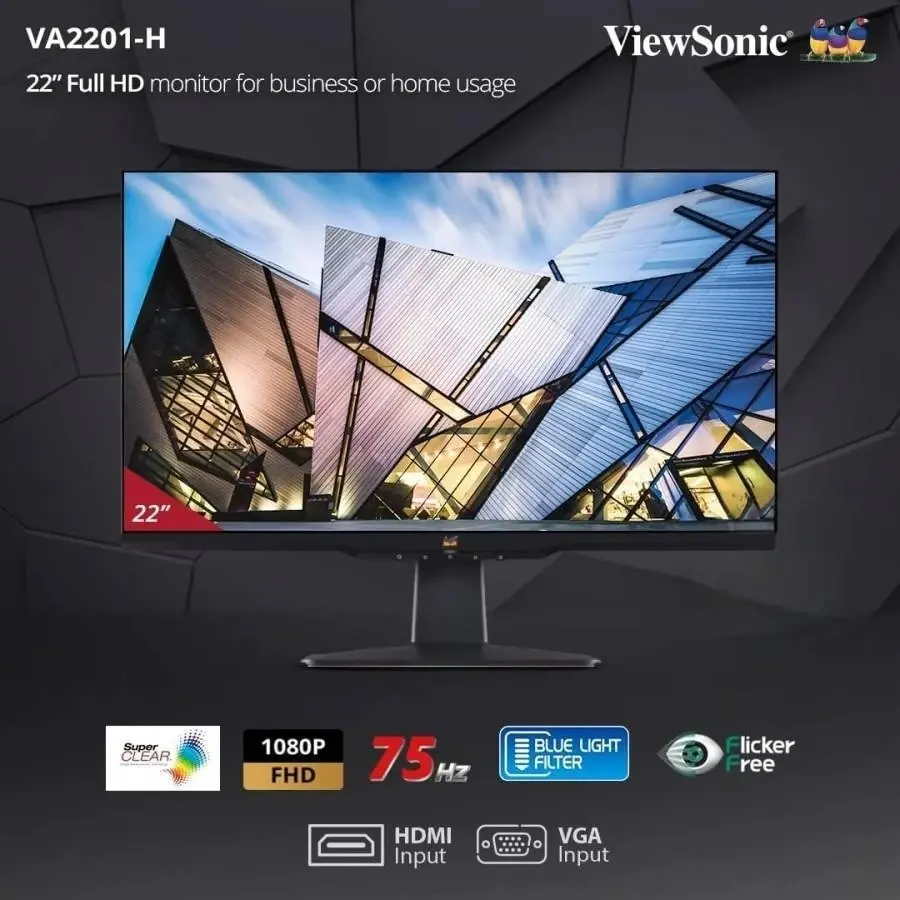 VA2201-H VIEWSONIC 22 inch VA 75Hz FHD Monitor VIEWSONIC 22inch VA 75Hz FHD Monitor ; SuperClear VA-Panel-Technology ; ViewMode Color Rendering Options ;  Eye-care Tech ; VGA & HDMI 1.4 Connectivity ; Tilt -3º / 20º