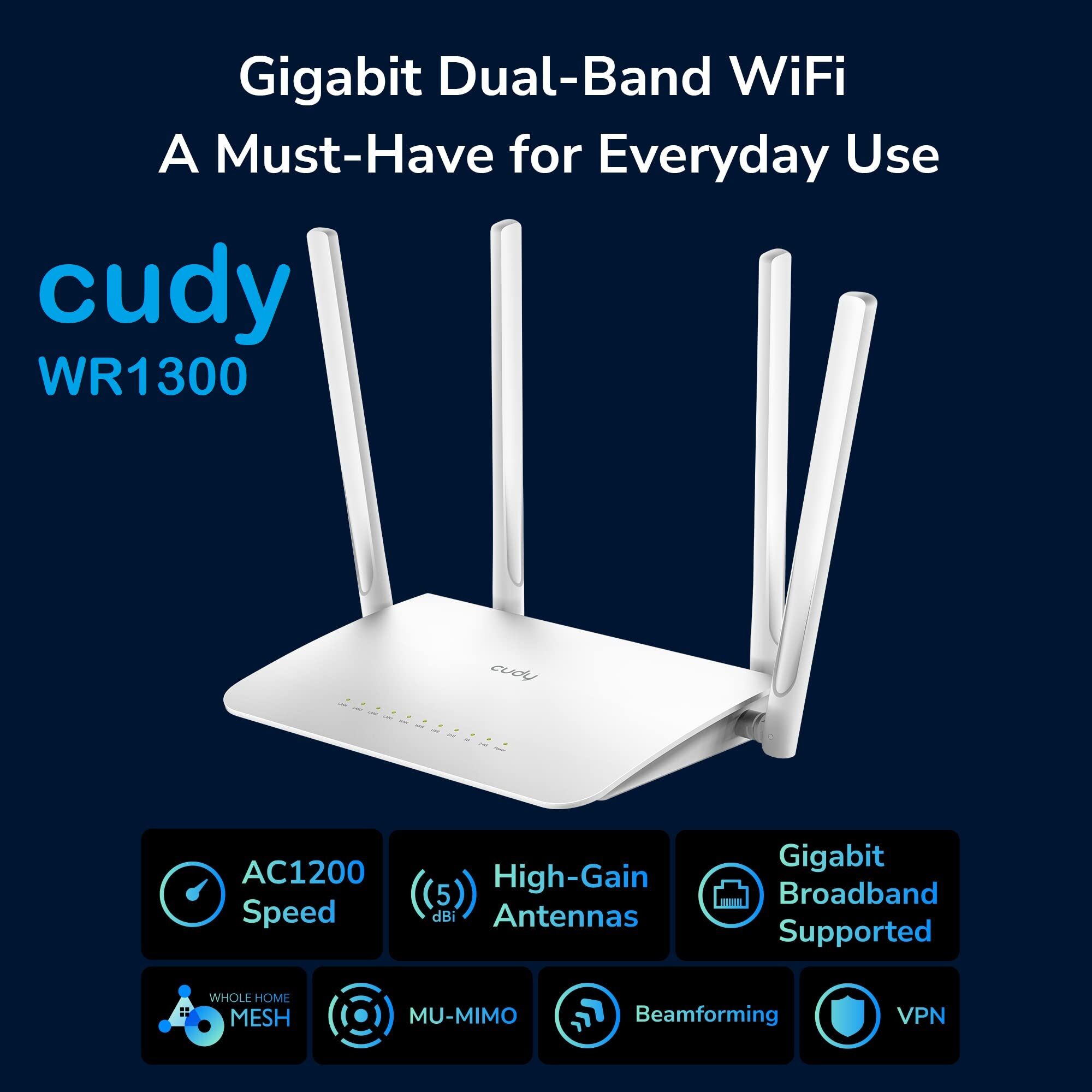 WR1300-EU CUDY WR1300 AC1200 Gigabit Mesh Wi-Fi Router CUDY WR1300 3.0 AC1200 Gigabit Mesh Wi-Fi Router ;  4-Stream Dual-Band Wi-Fi ;  867 Mbps + 300 Mbps Wi-Fi ;  5× Gigabit Ethernet Ports ;  4× High-Gain Antennas ;  50 Connected Devices ;  Covers 100m² ; Cudy Mesh