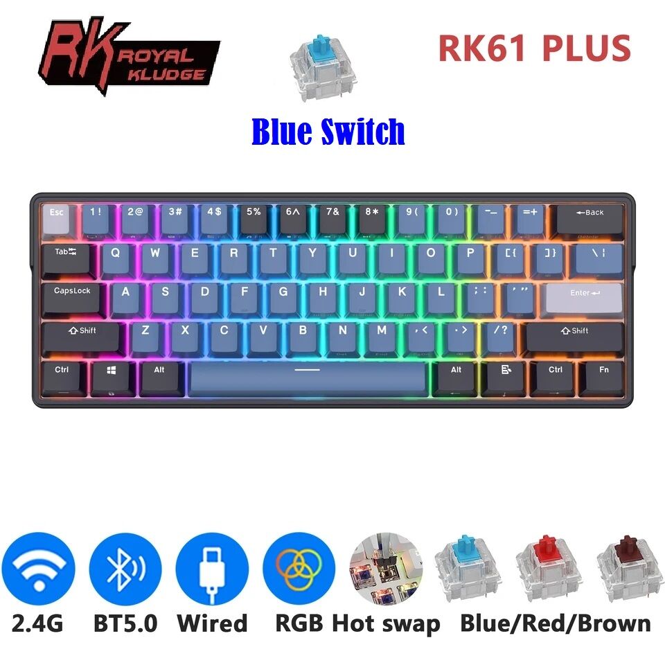 RK61 Plus ROYAL KLUDGE  Tri-mode Connectivity Mechanical Keyboard 2.4G Wireless Bluetooth RGB Backlit 61 Programmable Keys 60% Layout