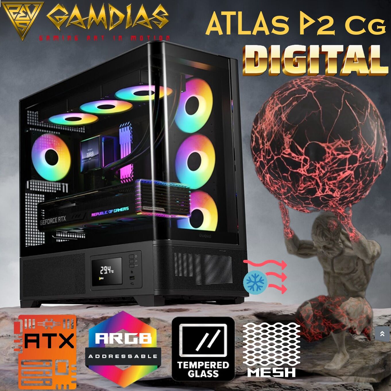 ATLAS-P2-CG-DIGIT-BK Atlas P2 CG Mid-Tower ARGB ATX PANORAMIC Case GAMDIAS Atlas P2 CG Mid-Tower ARGB ATX PANORAMIC PC Case – One-Piece Curved Glass