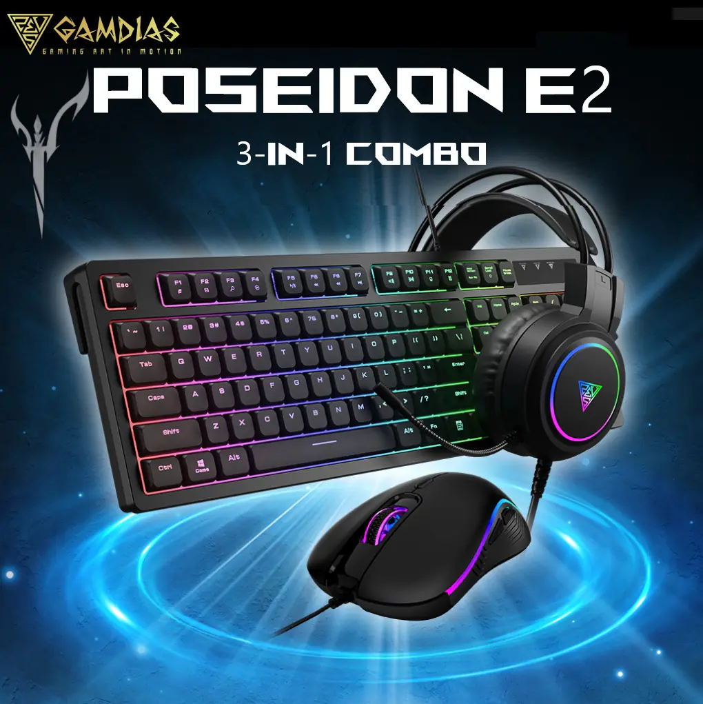 POSEIDON-E2-COMBO GAMDIAS Poseidon E2 3-In-1 RGB Gaming Combo GAMDIAS Poseidon E2 3-In-1 Gaming Combo – Rainbow Backlit Membrane Keyboard