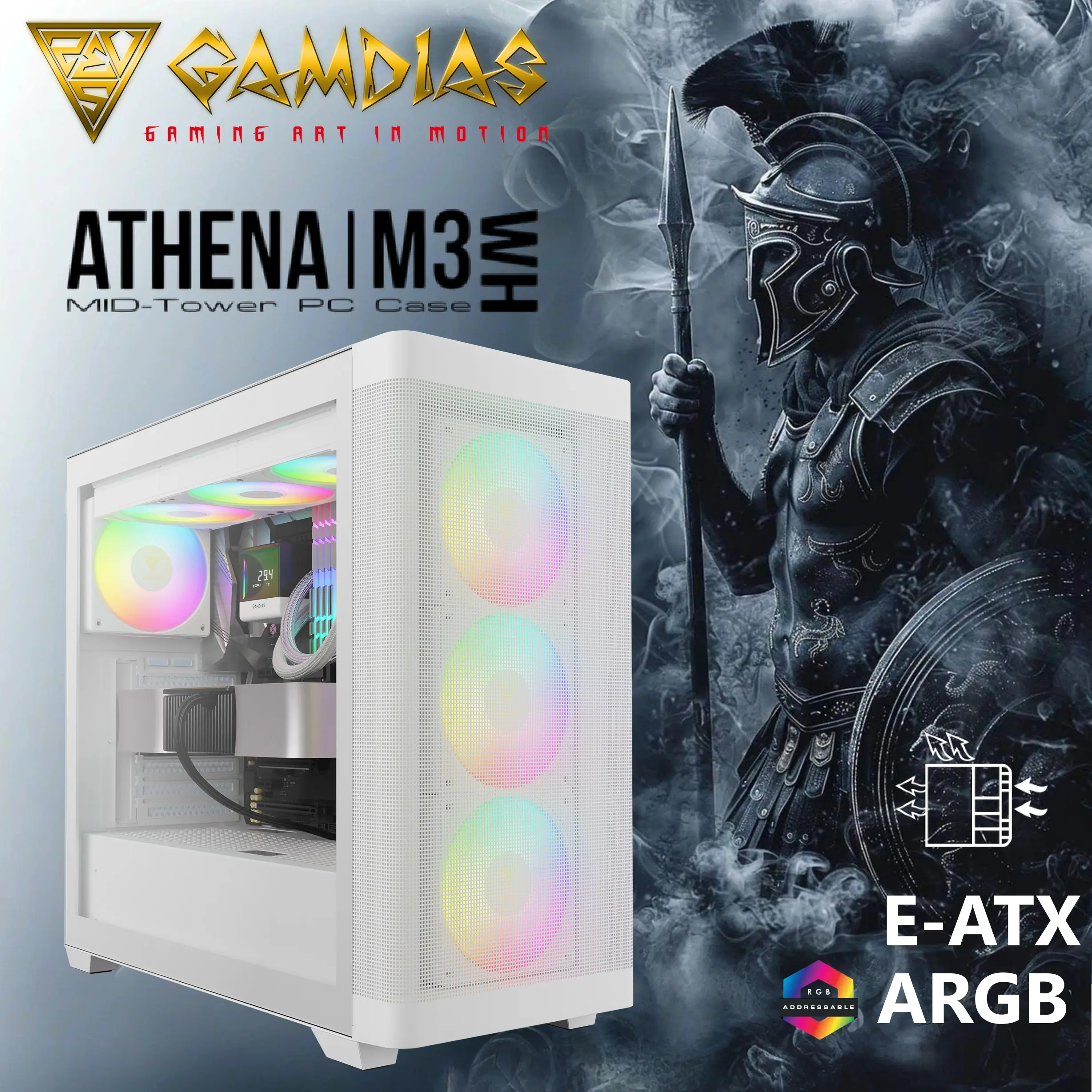 GAMDIAS-M3-WH GAMDIAS ATHENA M3 WHITE E-ATX ARGB Gaming Case GAMDIAS ATHENA M3 WH – High-Airflow Mid-Tower With 4 ARGB PWM Fans