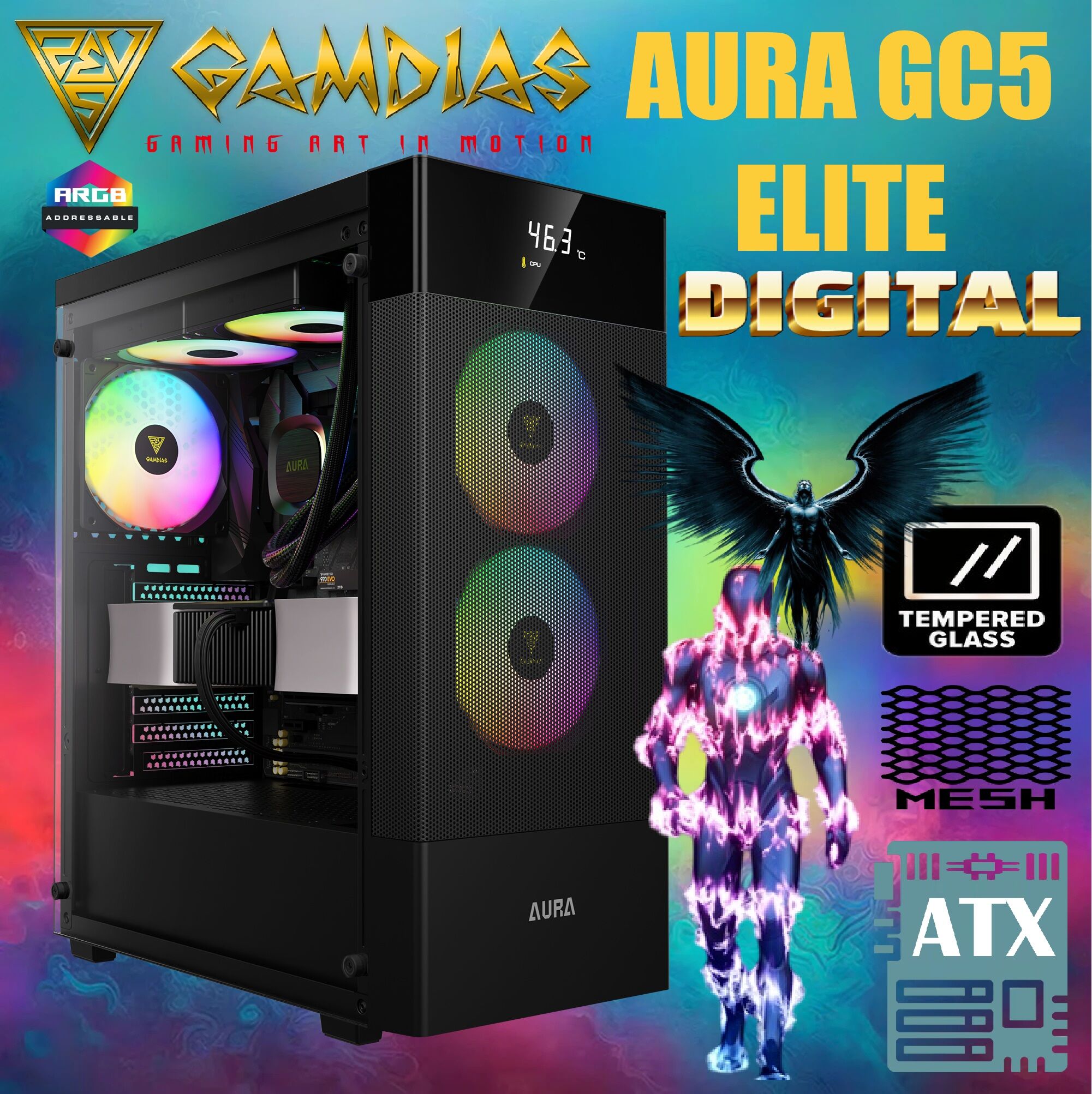 AURA-GC5-ELITE-AR-BK AURA GC5 Elite ARGB Digital ATX PC Case GAMDIAS AURA GC5 Elite ARGB Mid-Tower – Mesh Front