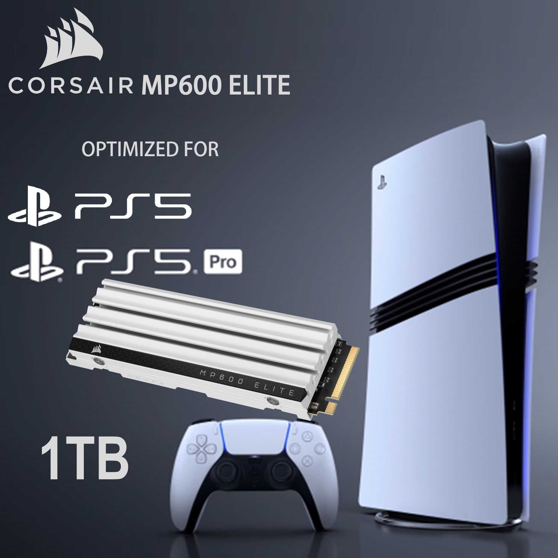 CSSD-F1000GBMP600ECS Corsair MP600 Elite 1TB Gen4 NVMe for PS5  Corsair MP600 Elite 1TB M.2 PCIe Gen4 x4 NVMe SSD – Optimized for PS5 & PS5 PRO  – Included Heatsink – M.2 2280 – Up to 7