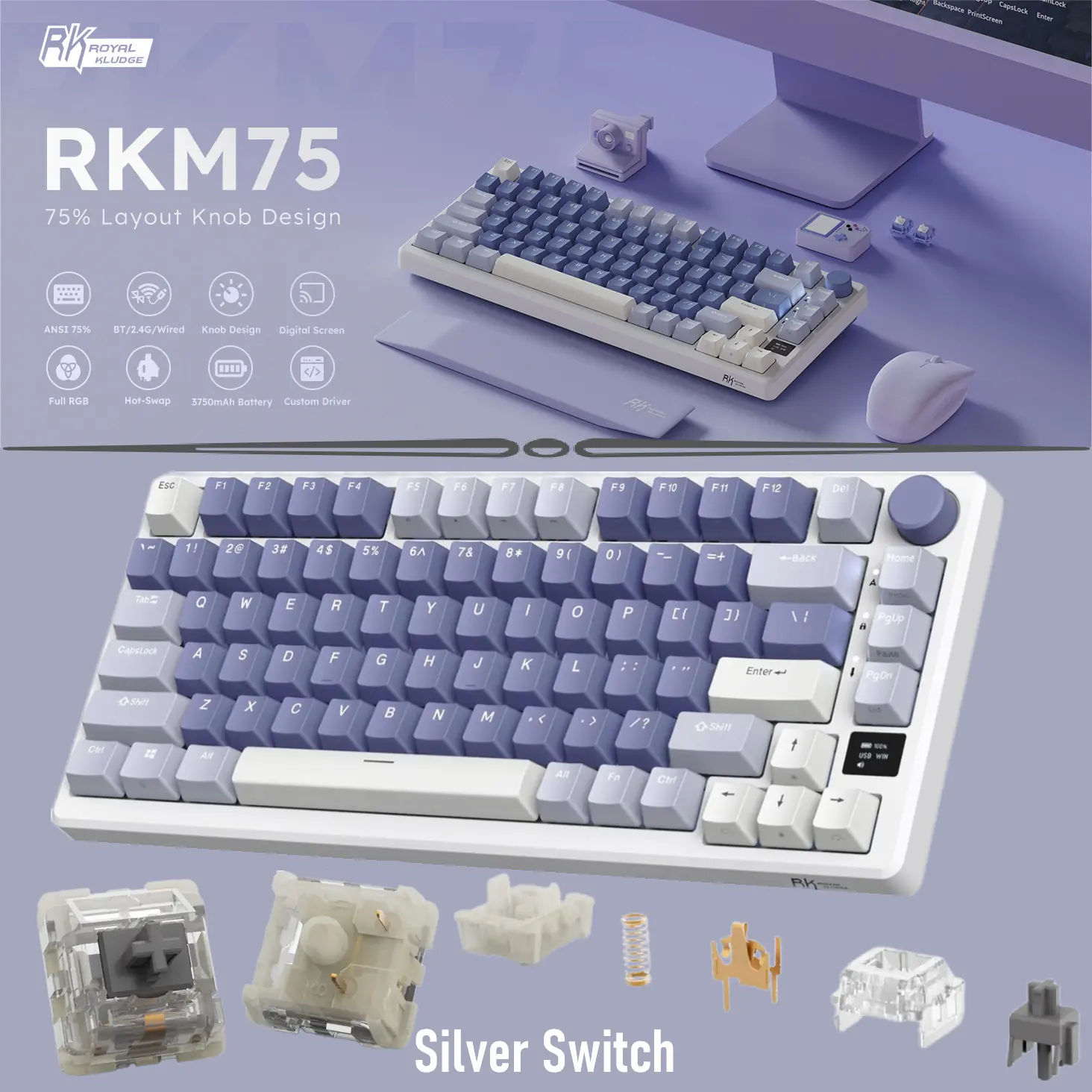 RKM75-OCEAN-SILVER ROYAL KLUDGE RKM75 81KEYS / SILVER SWITCH / OCEAN BLUE RGB TRI-MODES SWAPPABLE KEYBOARD RK ROYAL KLUDGE M75 Mechanical Keyboard