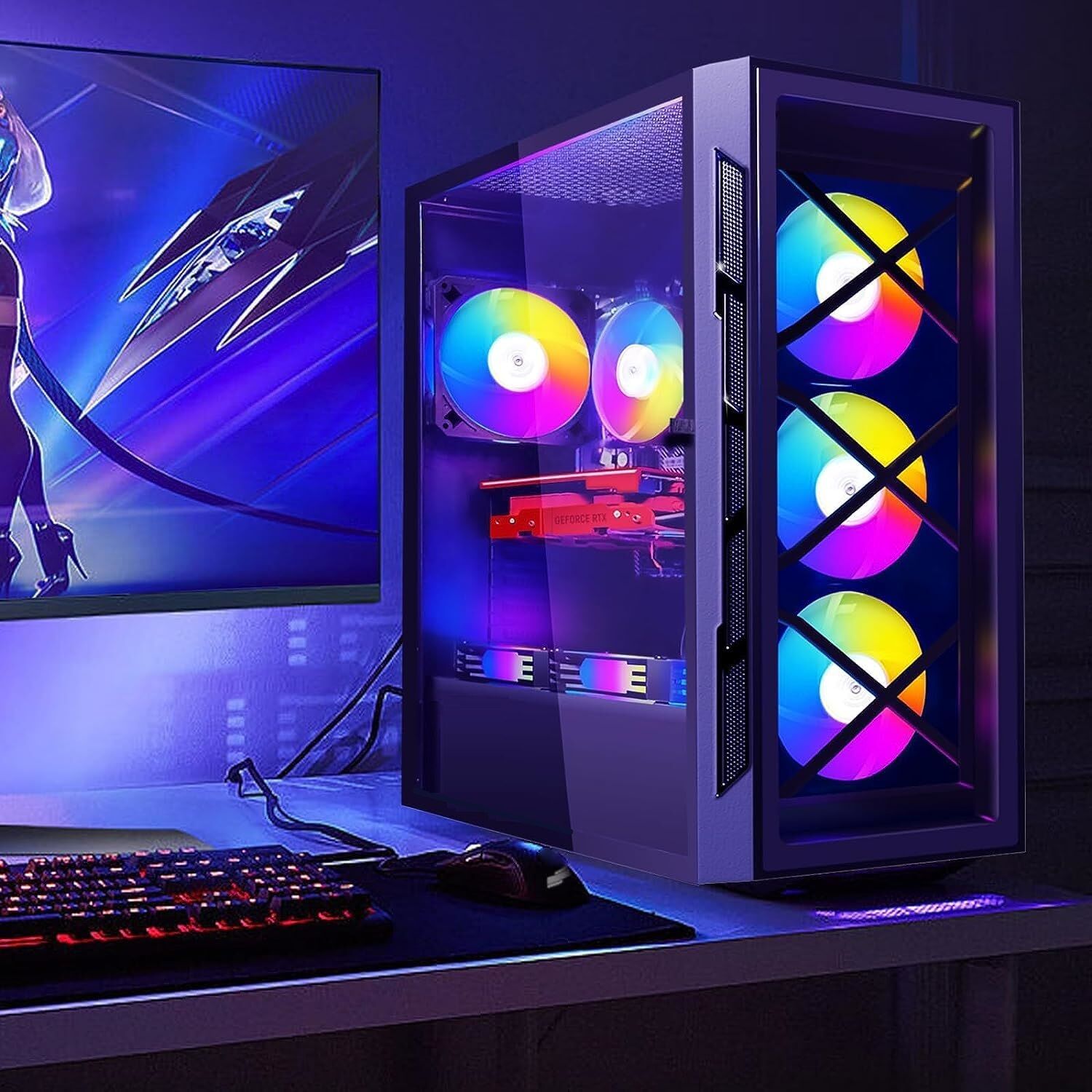 SX-C2103 PC Gaming Case Computer Chassis EL-BOMBA SX-C2103 FOUR BUILT-IN RGB FANS | Mid Tower Gaming Case with Tempered Glass Panels