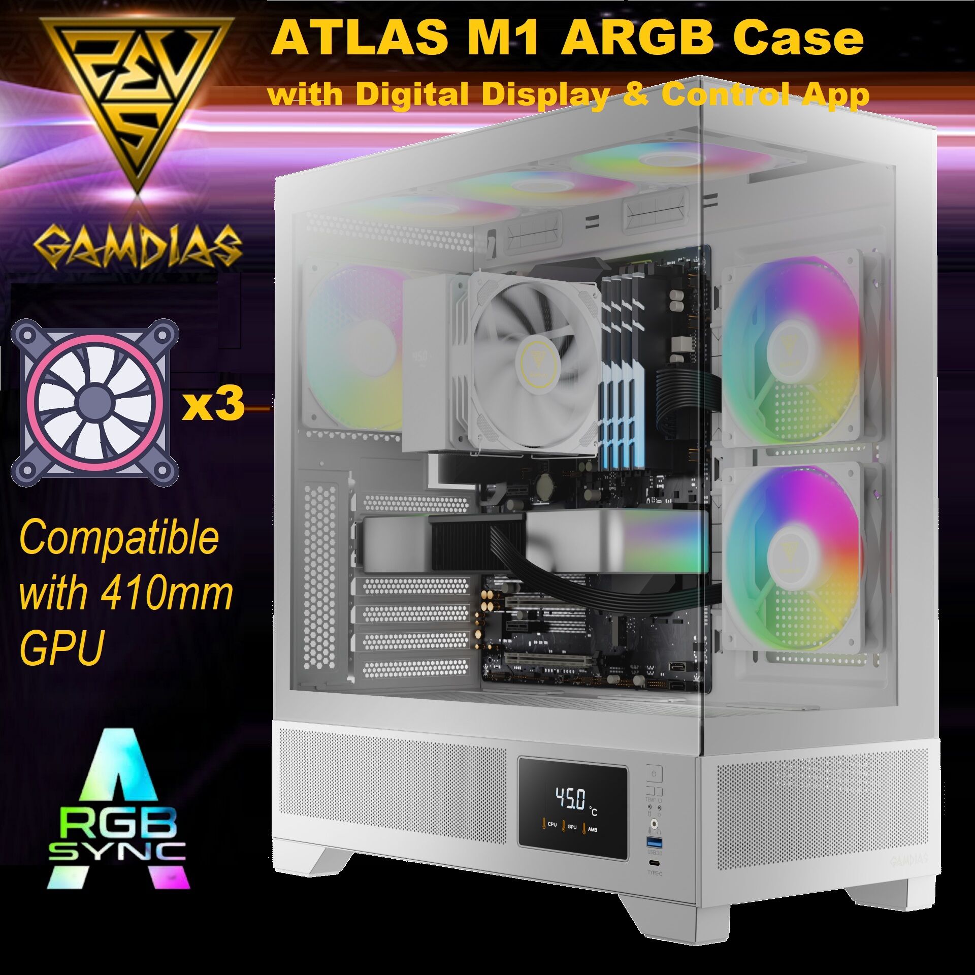 ATLAS-M1-DIGITAL-W ATLAS M1 Mid Tower ARGB Digital WHITE Case ATLAS M1 Mid Tower ARGB WHITE Case with Digital Display & Control App GAMDIAS ATLAS M1 Mid Tower Gaming Computer Case w/Display& App