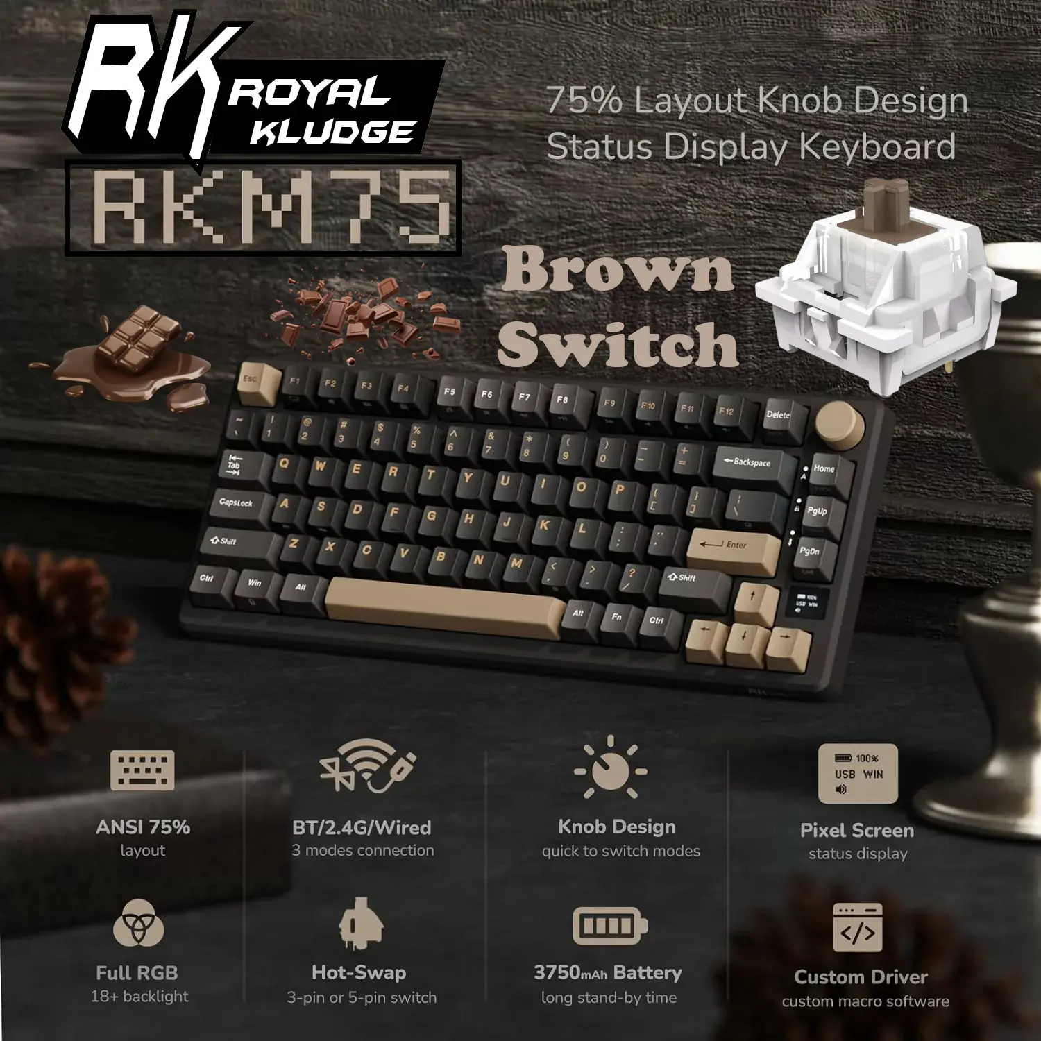 RKM75-PHANTOM-BROWN ROYAL KLUDGE RKM75 81KEYS / BROWN SWITCH / PHANTOM RGB ( 3C ) W-W-B KEYBOARD RK ROYAL KLUDGE M75 Wireless Mechanical Keyboard 2.4Ghz/BT5.1/USB-C Gaming Keyboard 75% Layout 81 Keys Gasket Mount with OLED Display & Knob RGB Backlight Hot-Swappable BROWN SWITCH – PHANTOM 
