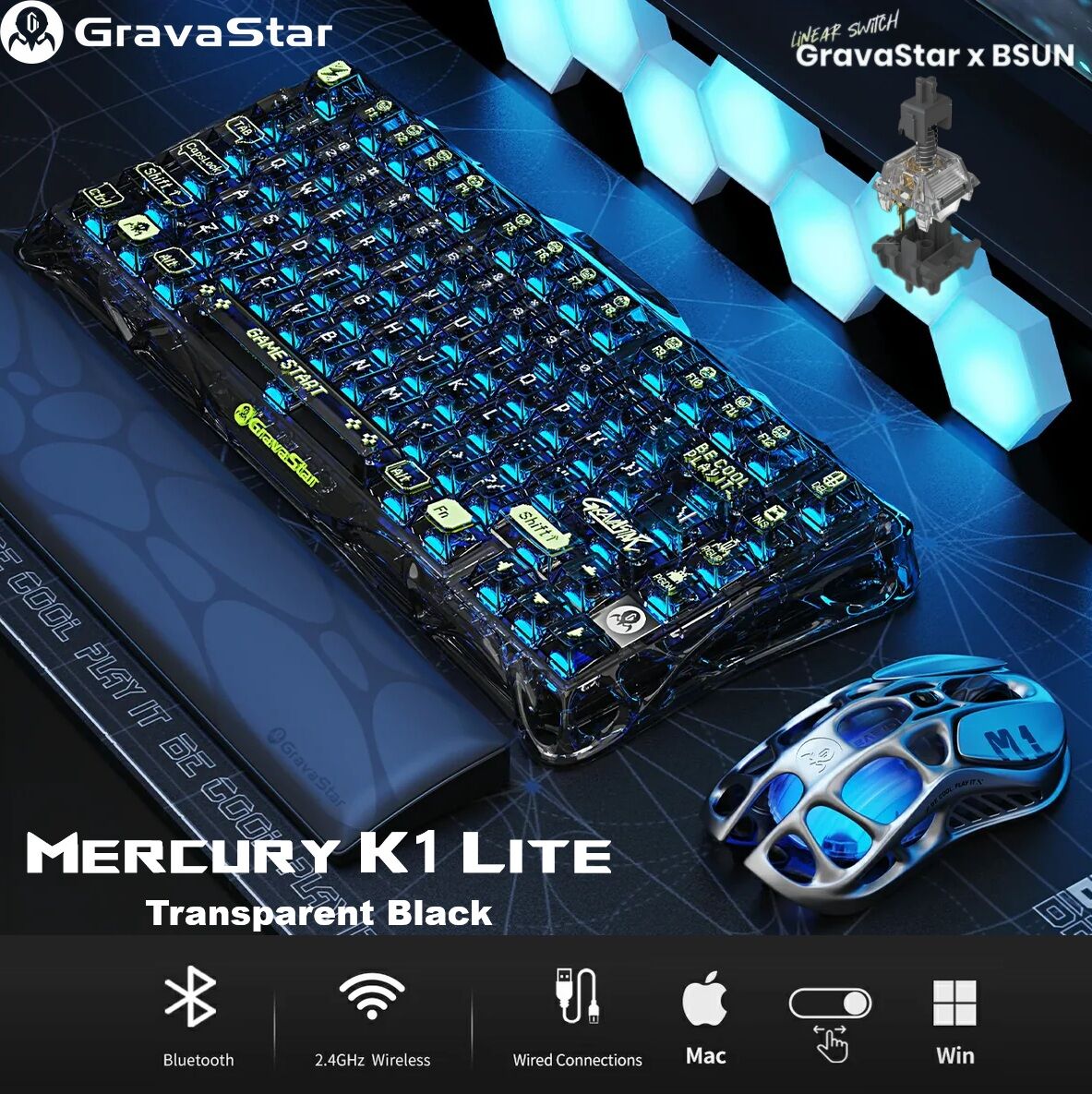 GS K1 LITE_XTAL_BLK K1 Lite GravaStar Mechanical Gaming Keyboard GravaStar Mercury K1 Lite Mechanical Gaming Keyboard