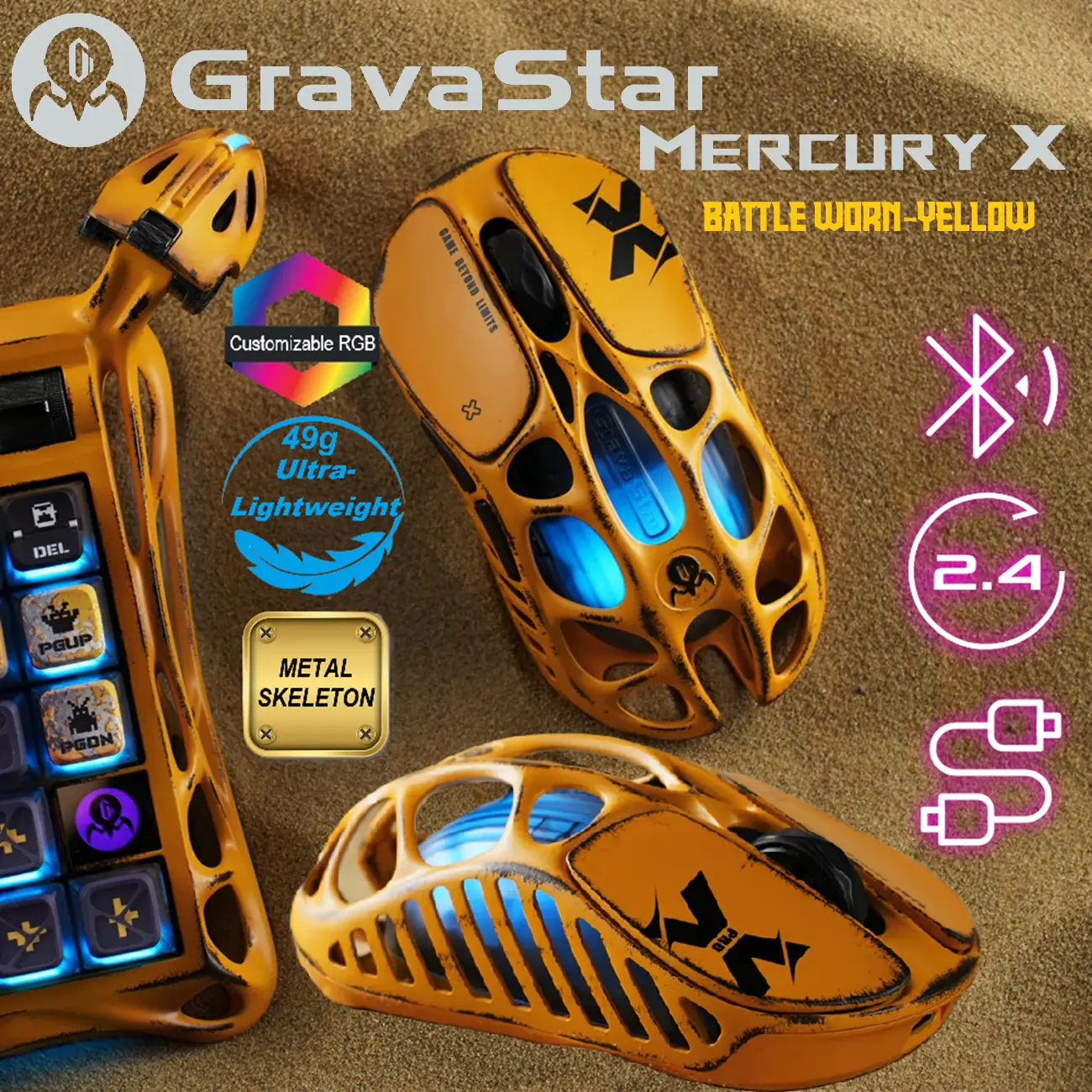 505482-MERCURY-X-BY Mercury X Wireless Gaming Metal Yellow Mouse GravaStar Mercury X Wireless Gaming Mouse 49g