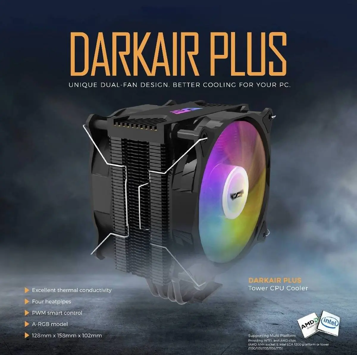 DarkFlash Darkair Plus (LT) RGB Dual Fan CPU Air Cooler – 158mm Height, 72.5CFM Airflow, 29dBA Noise, Hydro Bearing, Intel & AMD Compatible