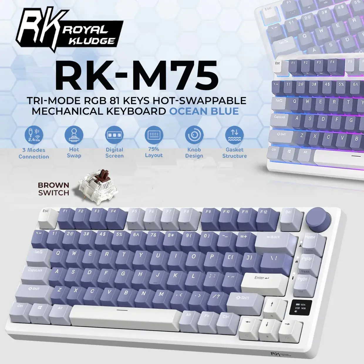 ROYAL KLUDGE RKM75 81-Key Ocean Blue Gaming Mechanical Keyboard with Brown Switches
