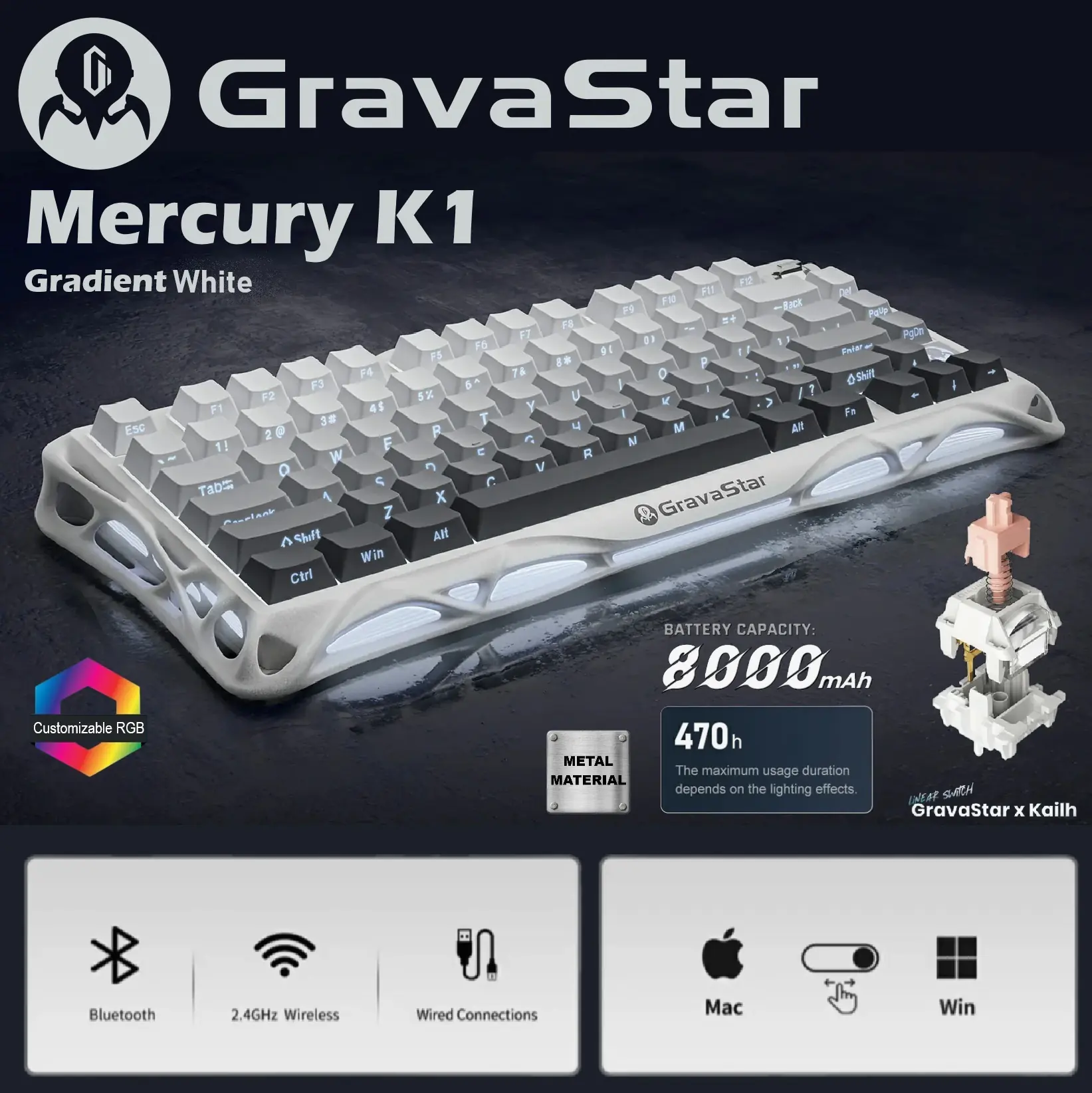 504898 Mercury K1 Wireless WHITE Mechanical Keyboard GravaStar Mercury K1 – 75% Wireless Mechanical Gaming Keyboard With Aluminum Alloy Exoskeleton